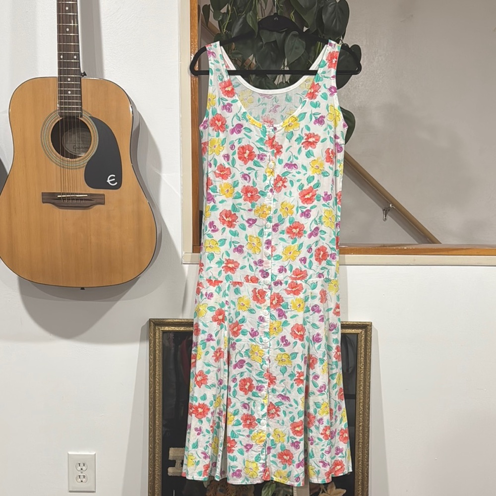 Floral Sleeveless Button Down Dress Drop Waist